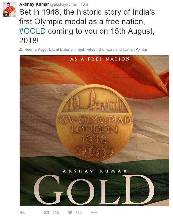 

अक्षय कुमार ने ट्विटर पर अपनी नई फिल्म गोल्ड का ऐलान कर दिया है.