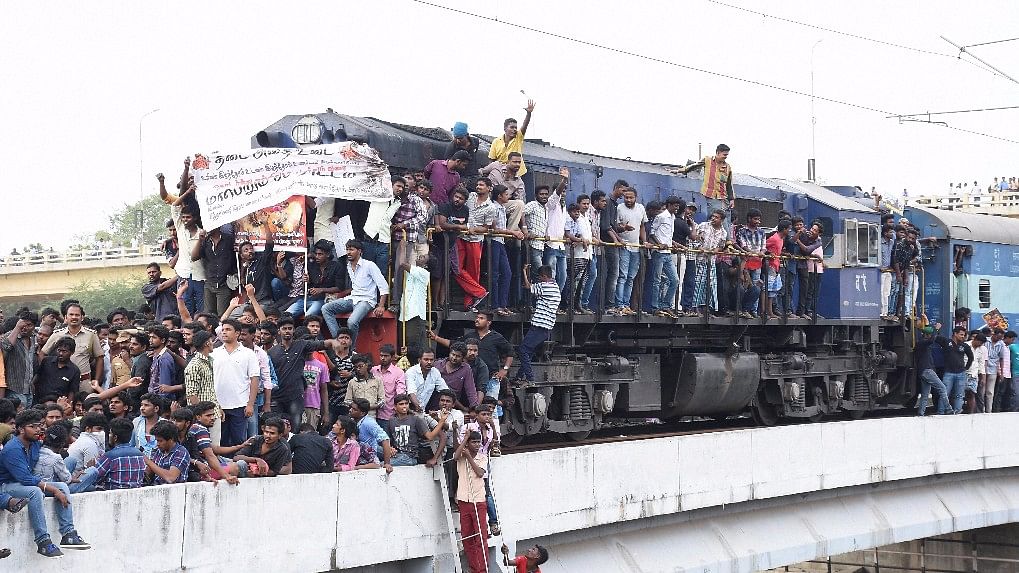 मदुरई में रेल रोक कर विरोध प्रदर्शन करते युवा (फोटोः PTI)