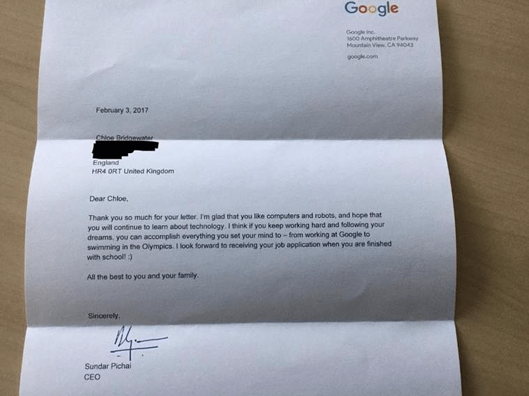 7 साल की क्लोई ने सुंदर पिचाई को गूगल में नौकरी की के लिए खत लिखा.