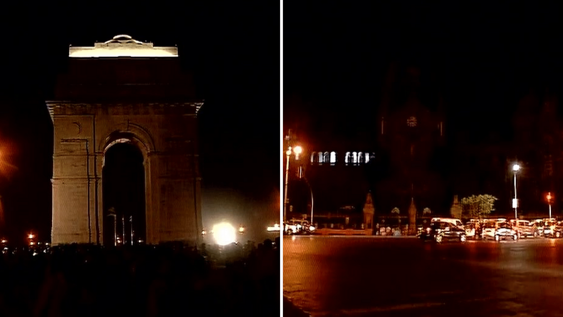 अंधेरे में डूबा दिल्ली का इंडिया गेट और मुंबई का छत्रपति शिवाजी टर्मिनल (फोटोः ANI)