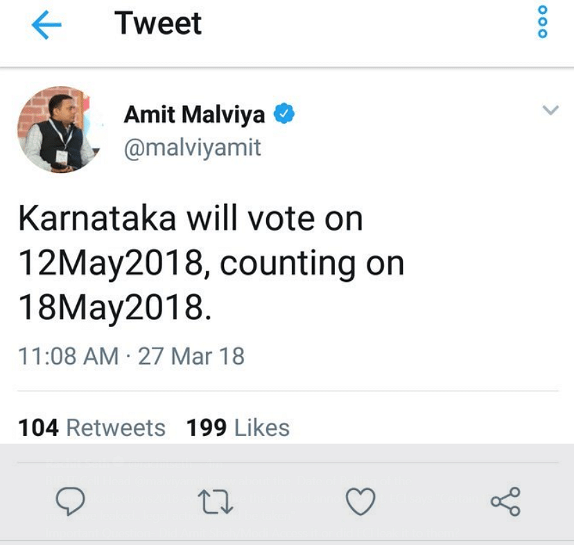 मालवीय ने ट्वीट कर बताया कि कर्नाटक में 12 मई को वोटिंग होगी