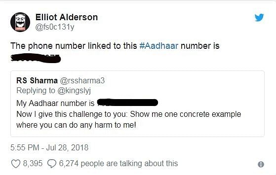 आरएस शर्मा ने  ट्वीट करके अपना आधार नंबर सार्वजनिक किया और फिर चैलेंज किया कि आलोचक उन्हें नुकसान पहुंचा कर दिखाए