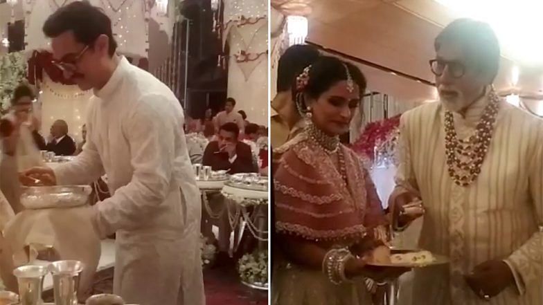 ईशा अंबानी की शादी में खाना परोसते नजर आए अमिताभ और आमिर