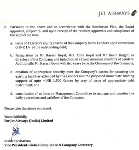नरेश गोयल जेट एयरवेज को बचाने के लिए इस्तीफे की पेशकश कर चुके थे, अब उन्होंने इस्तीफा दे दिया है