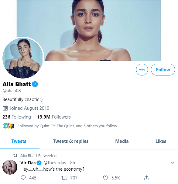 आलिया ने कॉमेडियन और एक्टर वीर दास के ट्वीट को रिट्वीट किया.