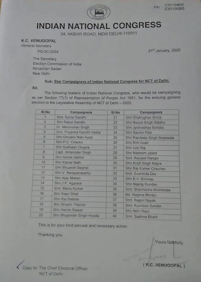 कांग्रेस ने दिल्ली विधानसभा चुनाव के लिए पार्टी के स्टार प्रचारकों की लिस्ट जारी कर दी है.
