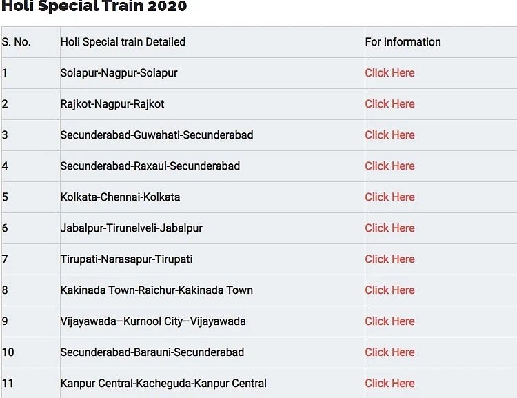 Special Trains for Holi 2020.