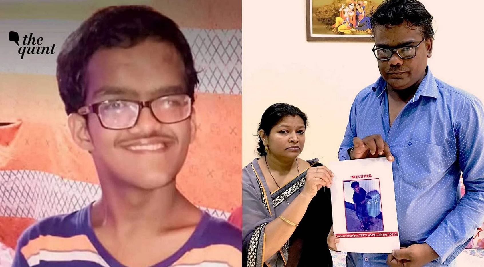 लापता तरुण (बाएं) के माता-पिता उसकी तस्वीर दिखाते हुए
