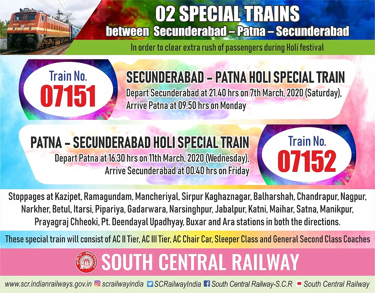 Holi Special Trains between Secunderabad - Patna.