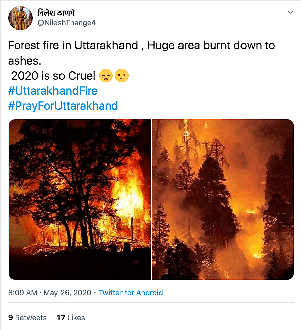 कई ऐसी तस्वीरें लगातार शेयर की जा रही हैं, जिसमें कहा जा रहा है कि उत्तराखंड के जंगलों में 23 मई को भीषण आग लगी है. 