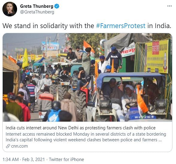 क्लाइमेट चेंज एक्टिविस्ट ने ट्विटर पर लिखा, “हम भारत में किसान आंदोलन के साथ एकजुटता में खड़े हैं.”