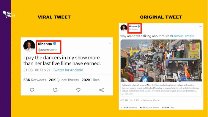 पॉप सिंगर रिहाना के बताए जा रहे ट्वीट का स्क्रीनशॉट सोशल मीडिया पर वायरल हो रहा है
