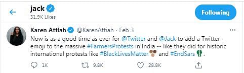 जैक ने एक ऐसे ट्वीट को भी लाइक किया है जिसमें मांग की गई है कि #FarmersProtests की इमोजी लाई जाए.