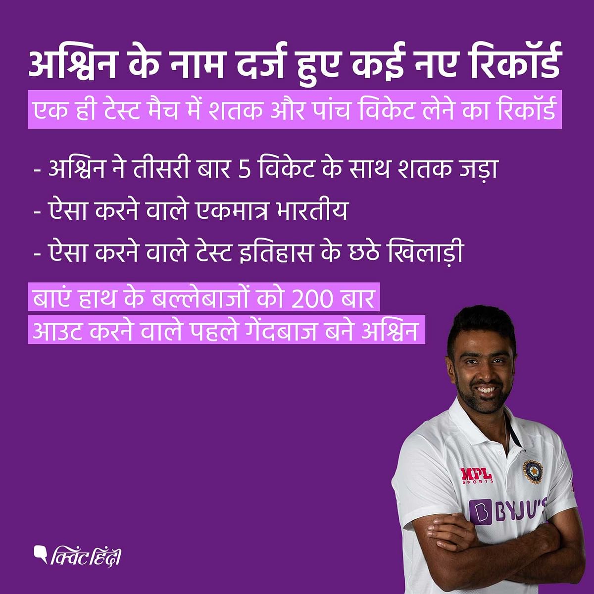  भारतीय स्टार ऑफ स्पिनर रविचंद्रन अश्विन ने टेस्ट क्रिकेट में तीसरी बार पांच विकेट लेने के साथ-साथ शतक भी लगाया है