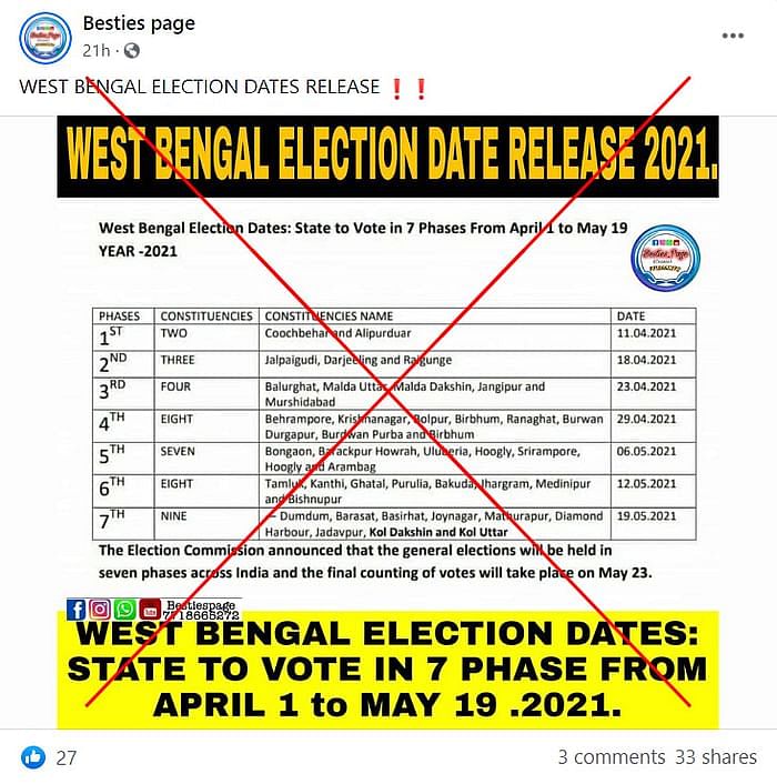 गलत दावे से वायरल हो रही तस्वीर. तस्वीर में दिखने वाली तारीखें पश्चिम बंगाल के विधानसभा चुनावों की नहीं हैं