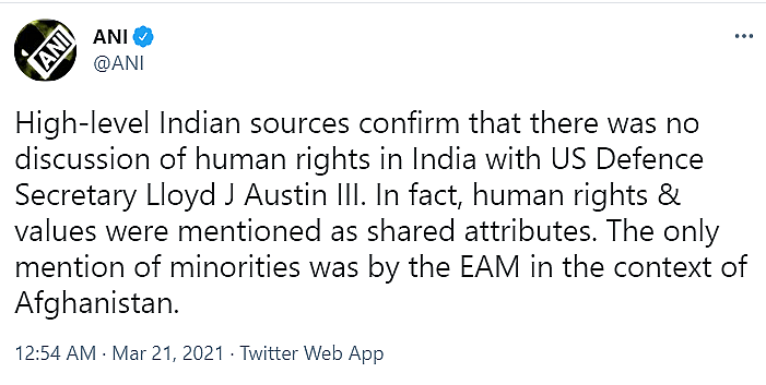अमेरिकी रक्षामंत्री ने भारत में मानवाधिकारों पर बात की?ये झूठ नहीं