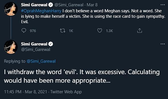 आलोचना होने पर सिमी ग्रेवाल ने एक दूसरे ट्वीट में कहा कि वो इस ‘दुष्ट’ शब्द को वापस लेती हैं. 