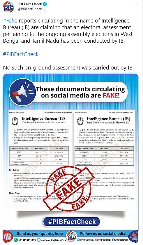 IB के नाम पर बंगाल, तमिलनाडु के चुनावी नतीजों का फेक आकलन वायरल