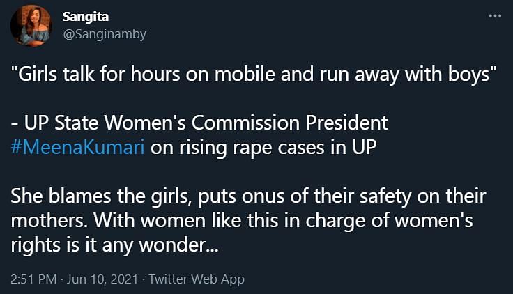 UP महिला आयोग की सदस्य मीना कुमारी के इस बयान की सोशल मीडिया पर काफी आलोचना हो रही है. 