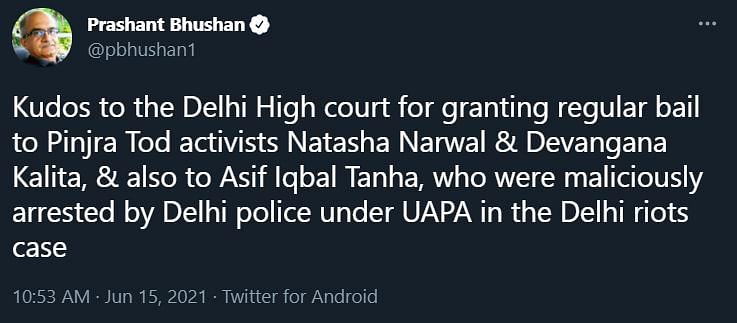 नताशा नरवाल, देवांगना कलिता और आसिफ इकबाल तन्हा को दिल्ली पुलिस ने UAPA के तहत गिरफ्तार किया था.