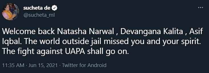 नताशा नरवाल, देवांगना कलिता और आसिफ इकबाल तन्हा को दिल्ली पुलिस ने UAPA के तहत गिरफ्तार किया था.
