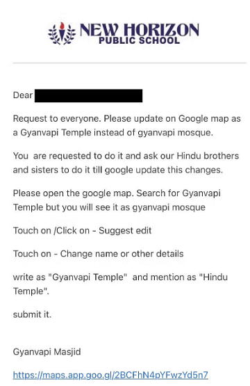 बेंगलुरू के स्कूल ने पूर्व छात्रों को गूगल मैप्स पर Gyanvapi Masjid को 'मंदिर' में बदलने को कहा