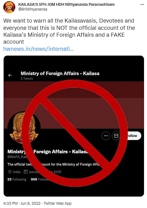 कैलासा के विदेश मंत्रालय के नाम पर बना ट्विटर अकाउंट फेक निकला. 