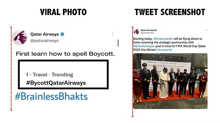 स्क्रीनशॉट इस दावे से शेयर किया गया कि Qatar Airways ने '#BycottQatarAirways' ट्रेंड होने पर जवाब दिया है.