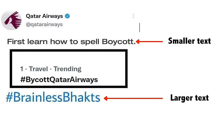स्क्रीनशॉट इस दावे से शेयर किया गया कि Qatar Airways ने '#BycottQatarAirways' ट्रेंड होने पर जवाब दिया है.
