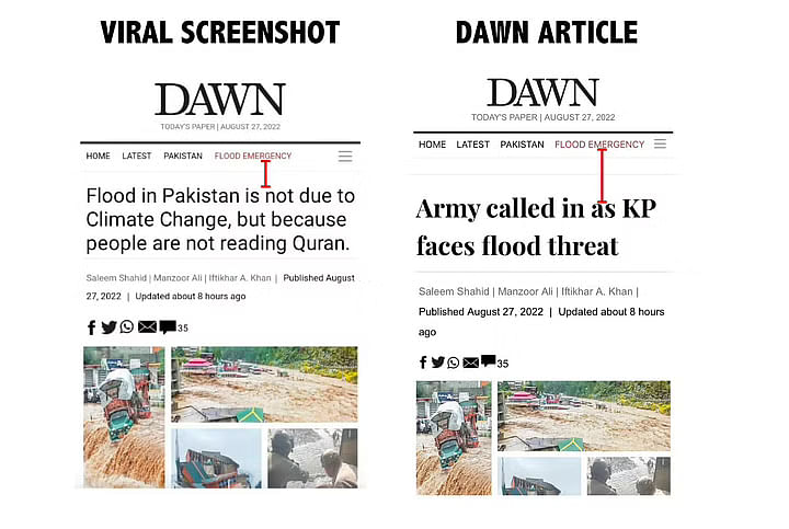 ओरिजिनल आर्टिकल की हेडलाइन बाढ़ प्रभावित इलाके खैबर पख्तूनख्वा में पाकिस्तानी सेना को बुलाए जाने के संबंध में थी.