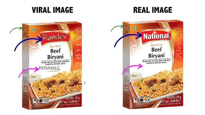 'National Foods' नाम की कंपनी के प्रोडक्ट की फोटो को एडिट कर उसमें रामदेव और पतंजलि ऐड कर दिया गया है.