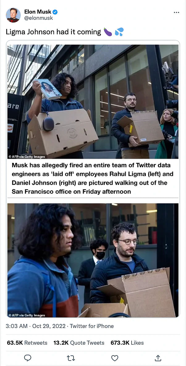 राहुल लिगमा और डेनियल जॉनसन नाम के प्रैंक्सटर्स ने खुद को ट्विटर से निकाला गया कर्मचारी बताने का नाटक किया था