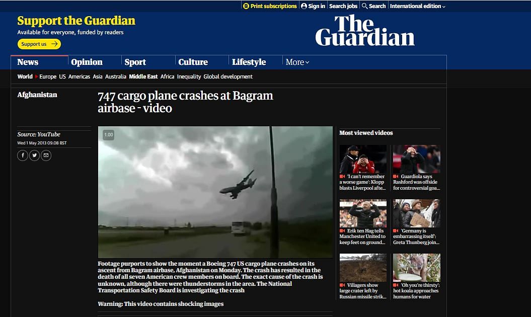 रिपोर्ट्स के मुताबिक ये वीडियो अफगानिस्तान का है जहां 2013 में एक अमेरिकी कार्गो विमान दुर्घटनाग्रस्त हो गया था.