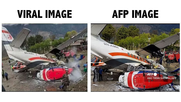 ये तस्वीर नेपाल में 2019 में हुए प्लेन क्रैश की है, तब लूकला एयरपोर्ट में एक प्लेन एक हेलीकॉप्टर से टकरा गया था.
