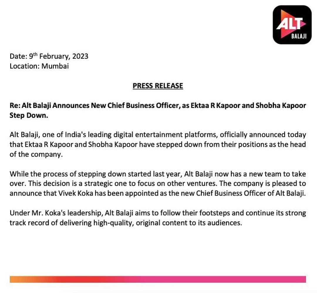 Ekta Kapoor Resign From Alt Balaji: एकता कपूर ने अपने ऑफिसियल इंस्टाग्राम हैंडल पर इसकी जानकारी दी है.