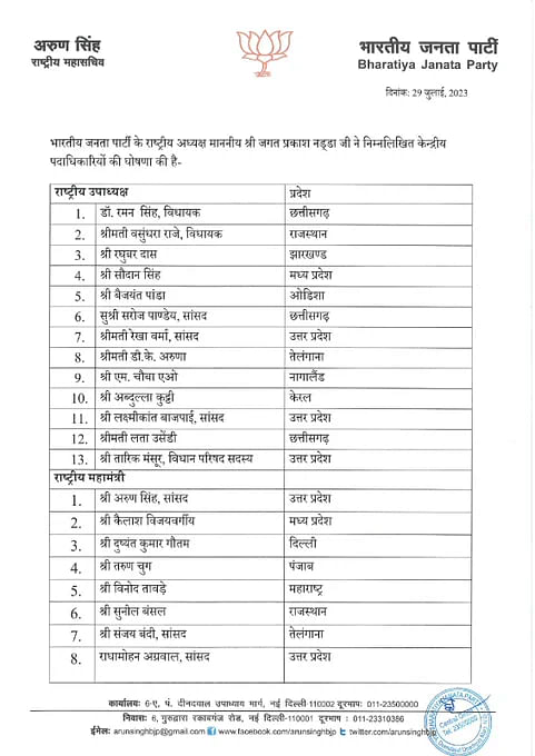 BJP Central Leaders List: जेपी नड्डा की नई टीम में कुल 38 पदाधिकारियों की नियुक्ति की गई है.