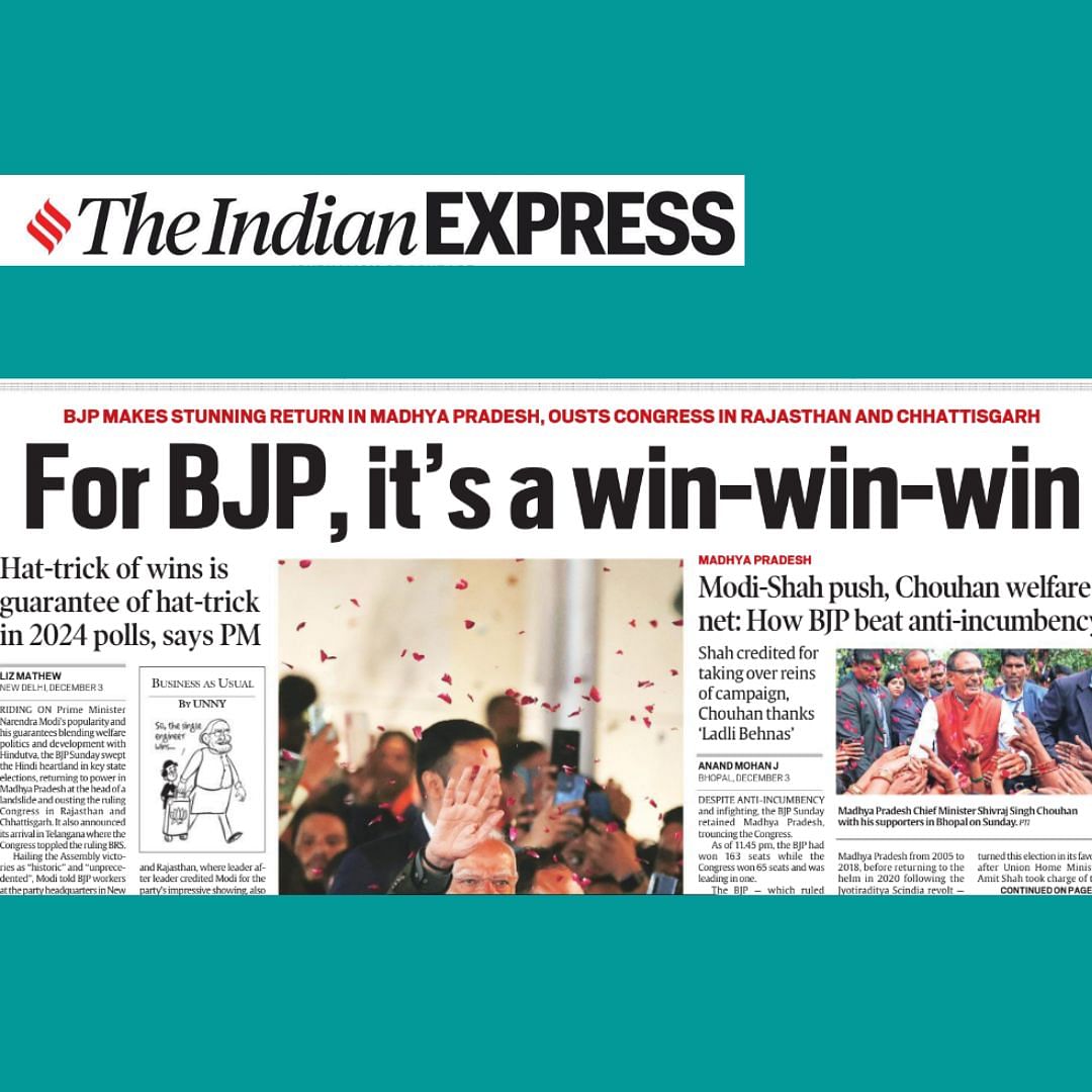 हिंदुस्तान टाइम्स ने "कमल खिला, कांग्रेस मुरझाई" शीर्षक से खबर लगाई है. अखबार ने लिखा" चमत्कारी ढंग से मोदी ने बीजेपी के पाले में सेमीफाइनल कर दिया है."