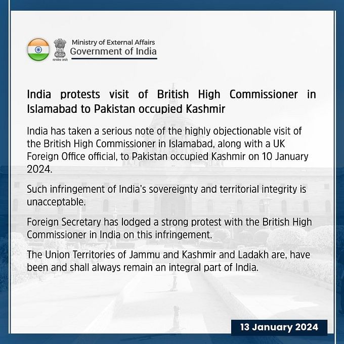 ब्रिटिश हाई कमिश्नर जेन मैरियट ने 10 जनवरी को पाकिस्तान अधिकृत कश्मीर (POK) के मीरपुर की यात्रा की थी.
