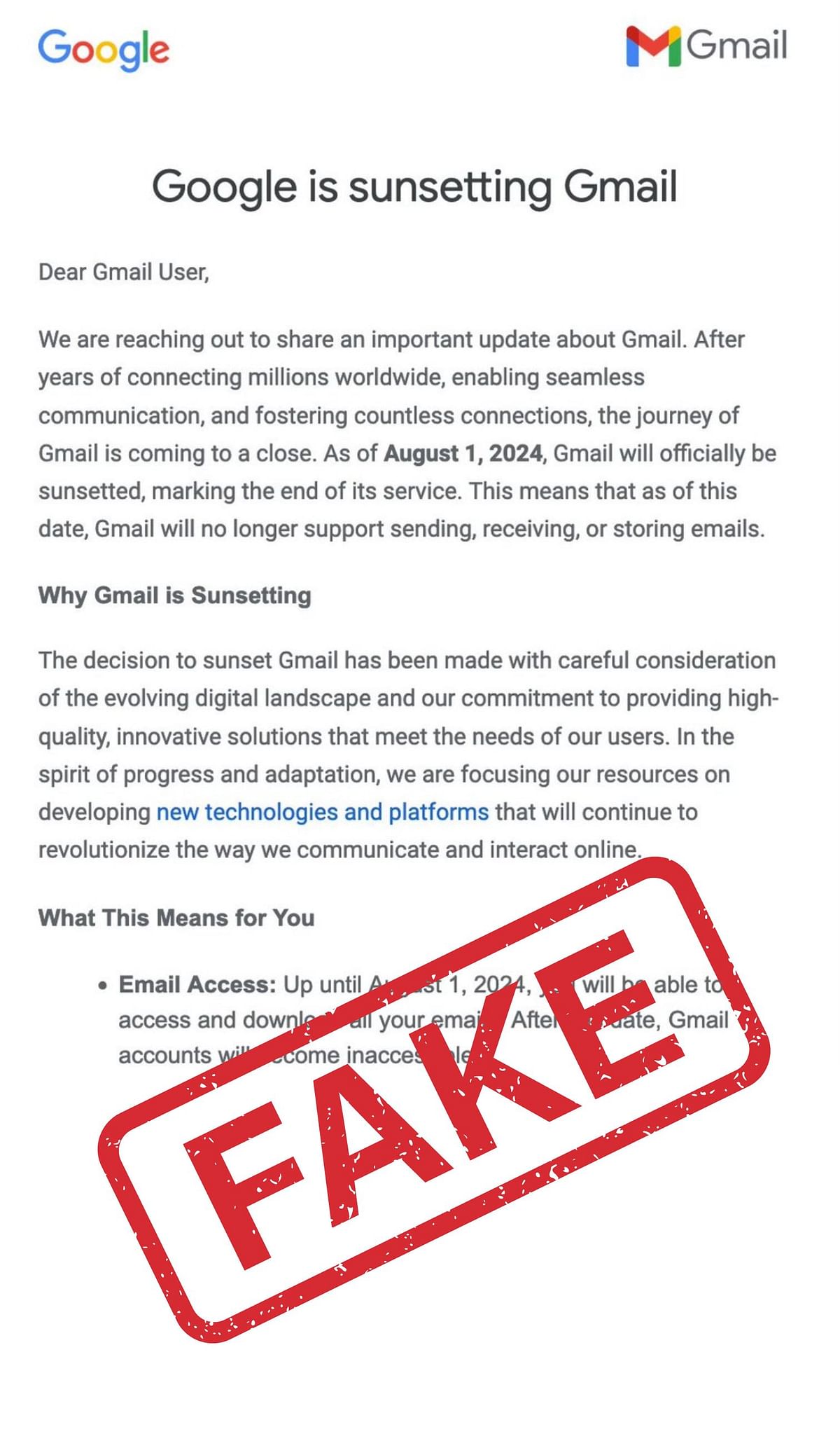 Fake News:सोशल मीडिया पर गूगल की ईमेल सर्विस, Gmail के बंद होने की फर्जी खबर फैल रही है. 