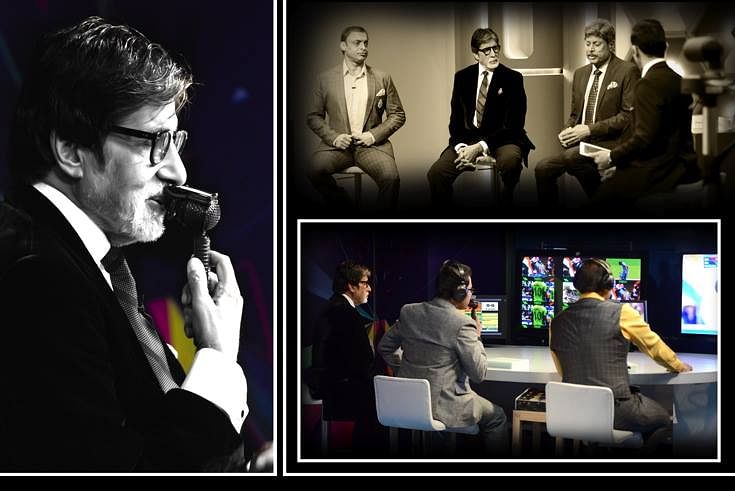 Amitabh Bachchan joined Kapil Dev as a commentator during the India-Pakistan match & later waved the flag outside his home.