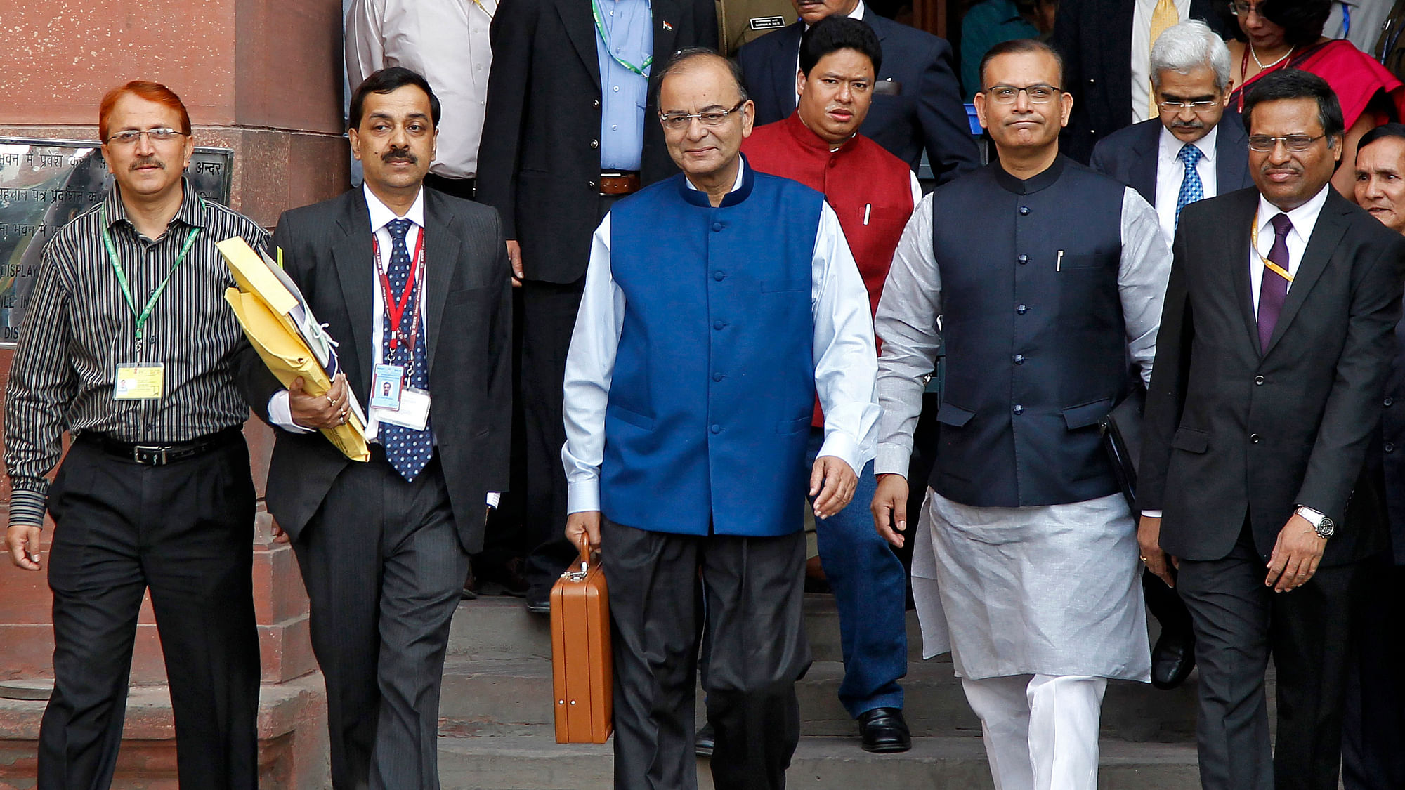 File photo of Finance Minister Arun Jaitley (centre) and MoS Finance Jayant Sinha (second from right). (Photo: Reuters)