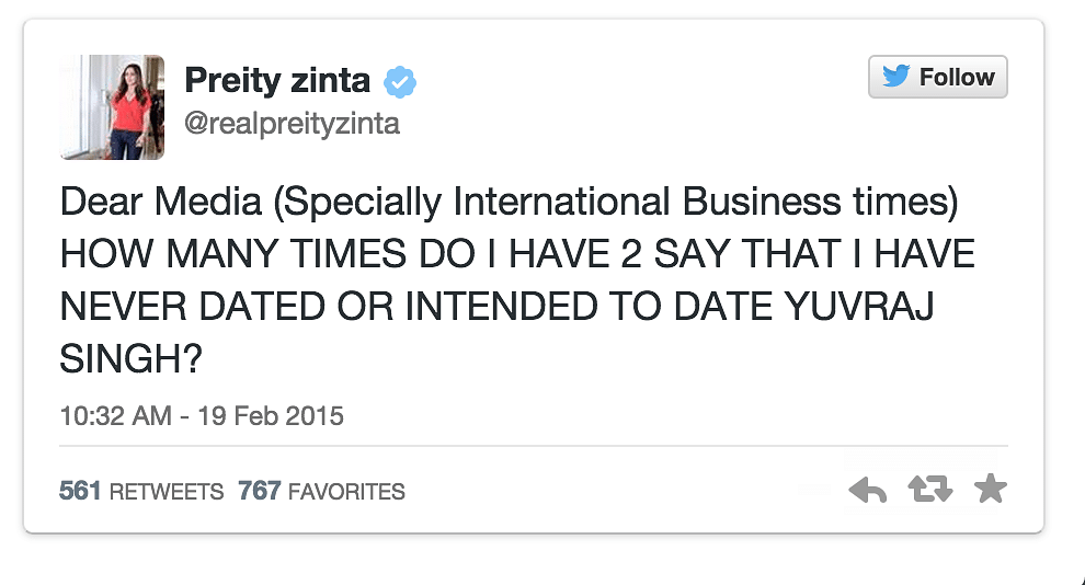 Preity took to Twitter to say that she has never dated or plans to date cricketer Yuvraj Singh
