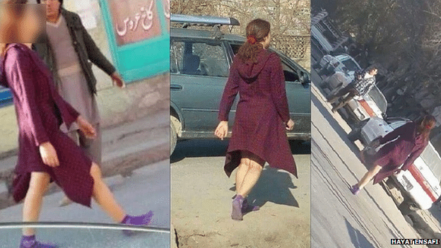 A woman walked solo around the streets of Kabul in a metallic harness, in a silent mark of protest. 