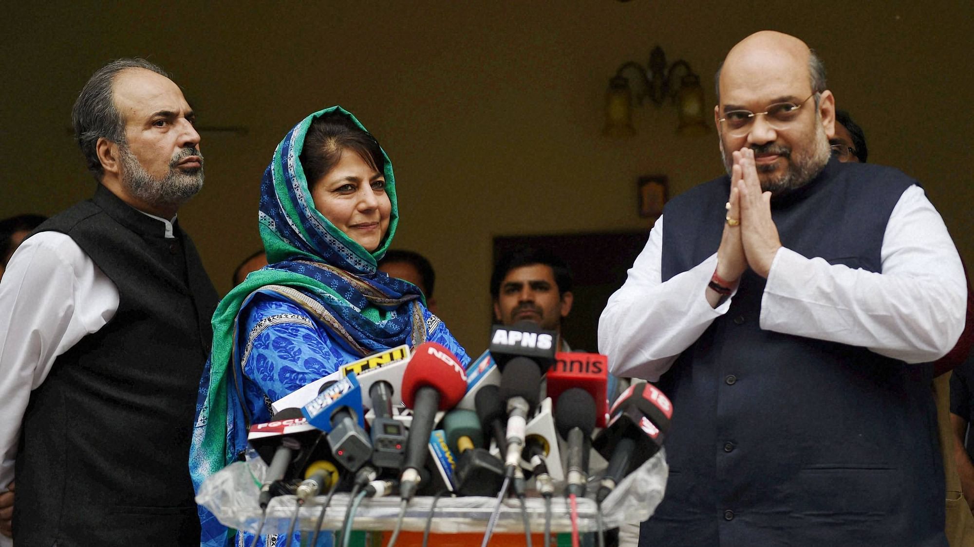 PDP President Mehbooba Mufti with BJP President Amit Shah&nbsp;