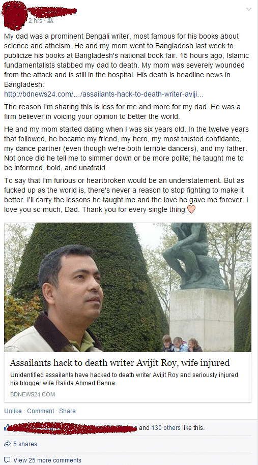 Outrage and condemnation has erupted across the world on the brutal murder of blogger Avijit Roy.