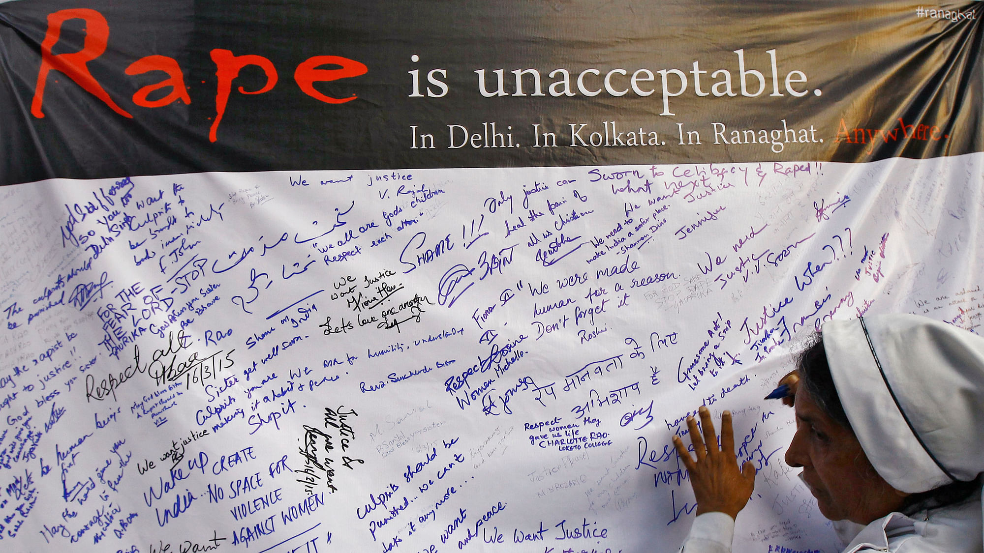 Signatures on an anti-rape banner.&nbsp;