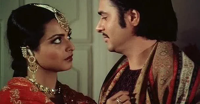 Rekha and Farooq Shaikh in a still from <i>Umrao Jaan.</i>