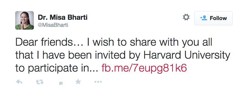 Lalu’s daughter Misa Bharti claims she gave a lecture at Harvard, even fudging pics. But all she did was pay to be in the audience.   