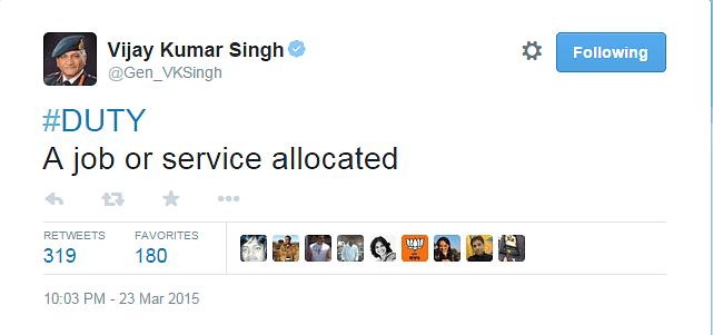

VK Singh and tweets with #Duty and #Disgust and gets slammed with #PartyWithEnemy  