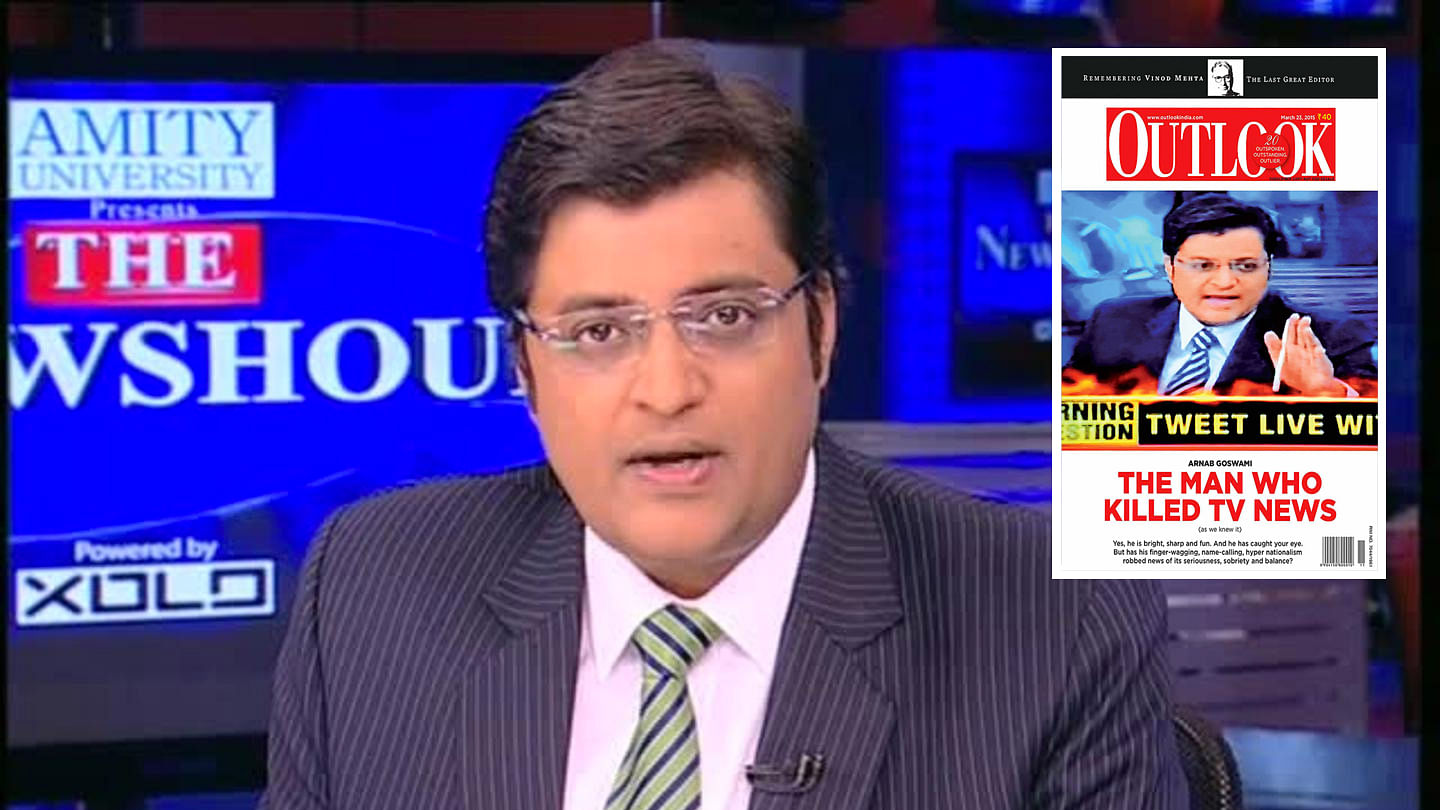 Arnab Goswami on ‘ The Newshour’. (Inset: Cover of the current issue of ‘Outlook’) 